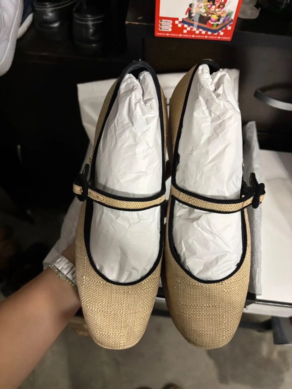 Larroude Blair platform shoes in beige raffia size 8